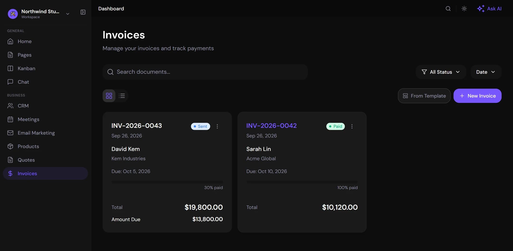 BorsFlow invoices view showing quote-to-invoice conversion and payment status